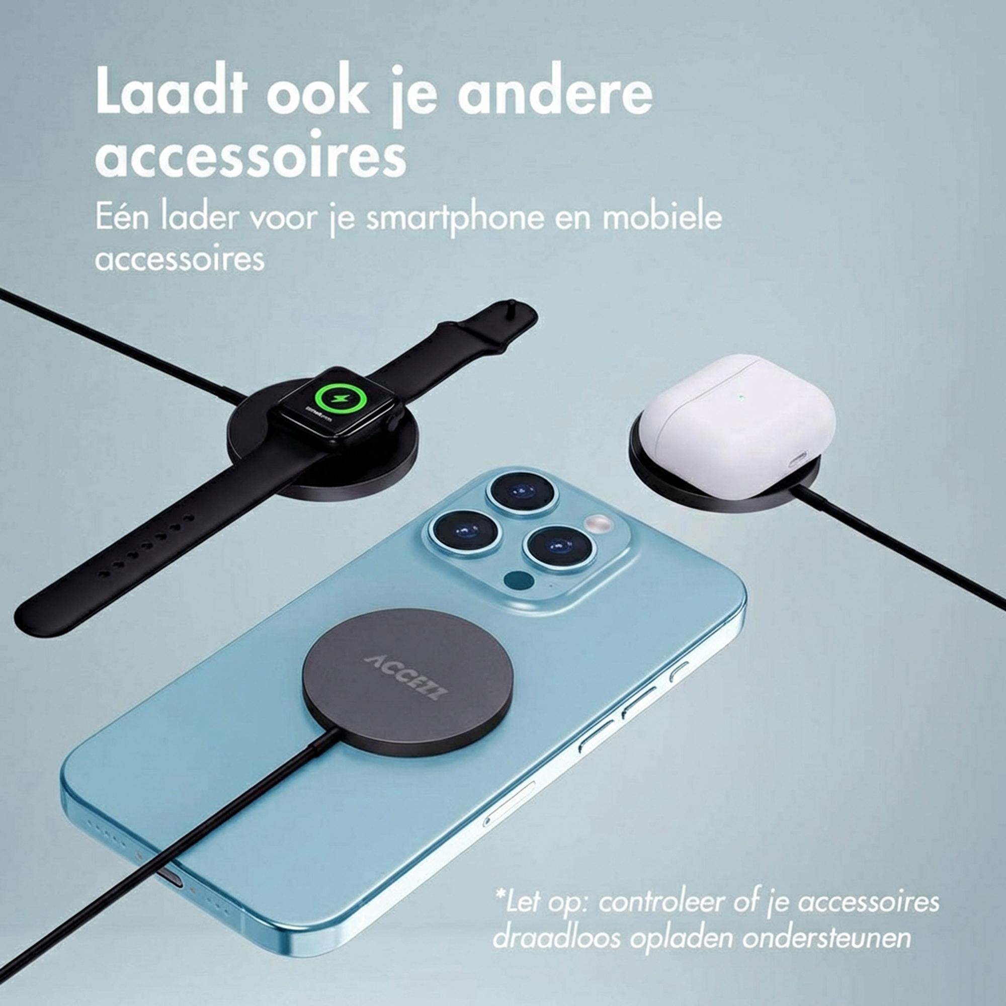 A smartphone, smartwatch, and AirPods are charging wirelessly.
