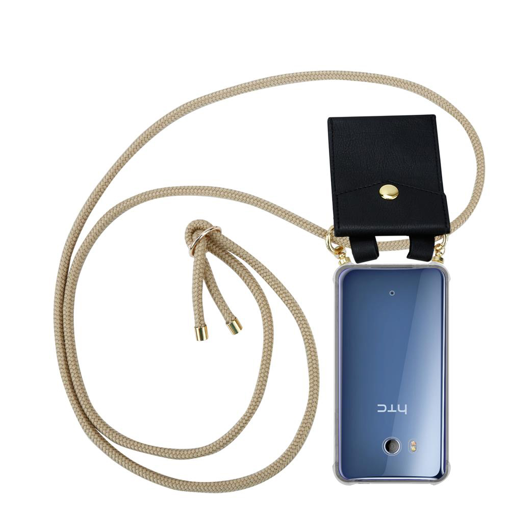 Eine beige Kordel mit einem schwarzen Kartenetui und einem Smartphone.