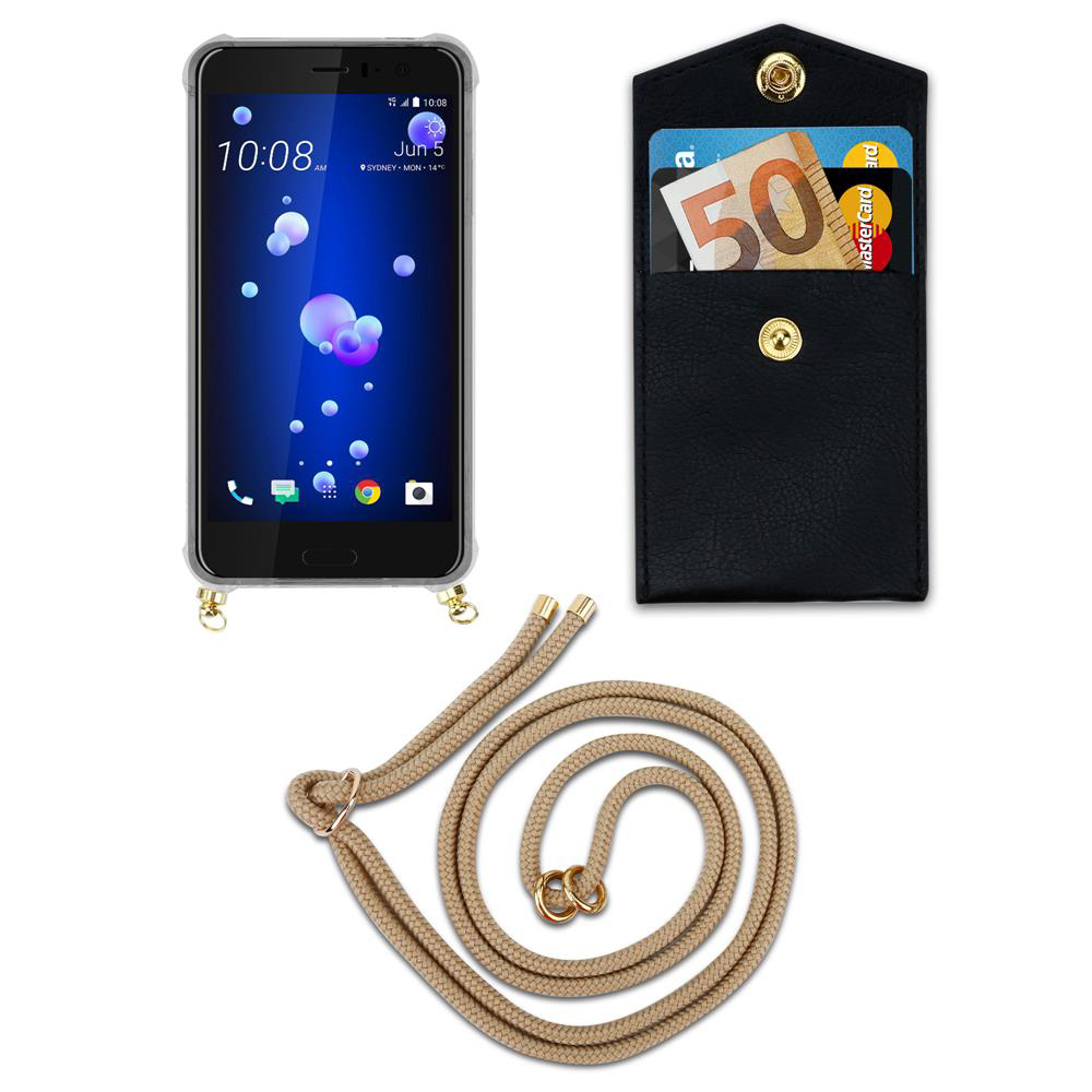 Smartphone mit Hülle, Portemonnaie mit Geld und Karten, und Tragekordel.