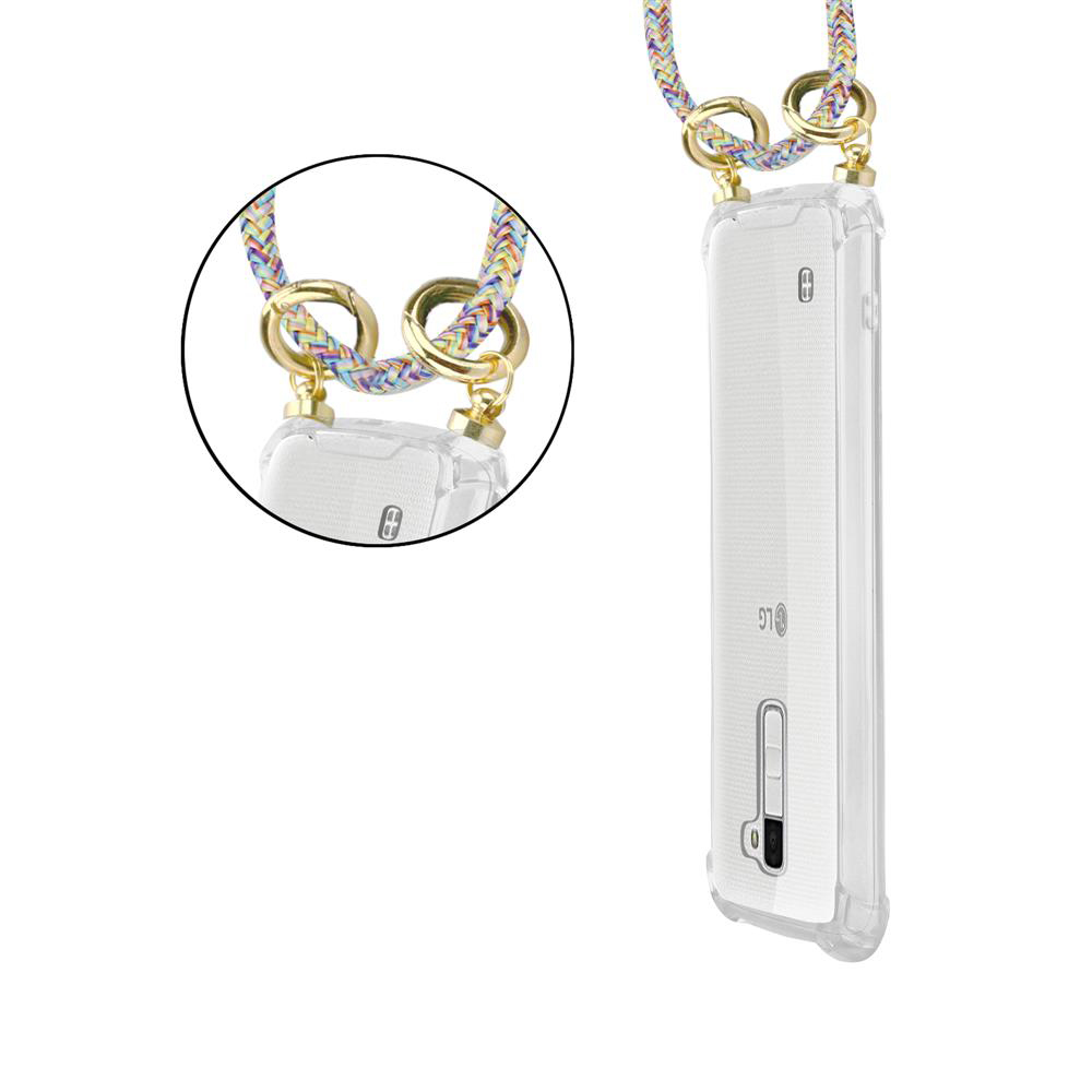 Ein transparenter Handyhülle mit einem bunten Lanyard und goldenen Beschlägen.