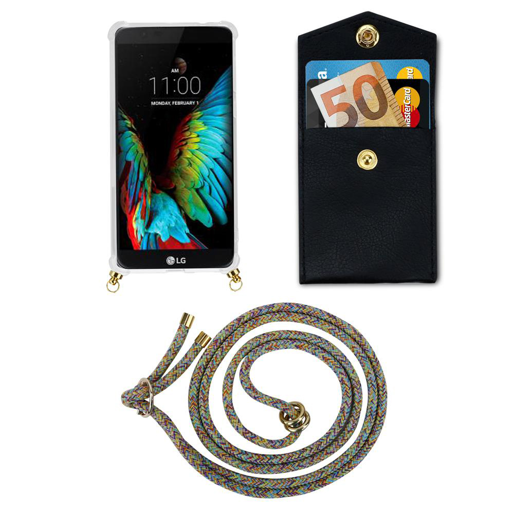 Ein Smartphone mit bunter Hintergrundgrafik, eine schwarze Tasche mit Geldscheinen und Karten.
