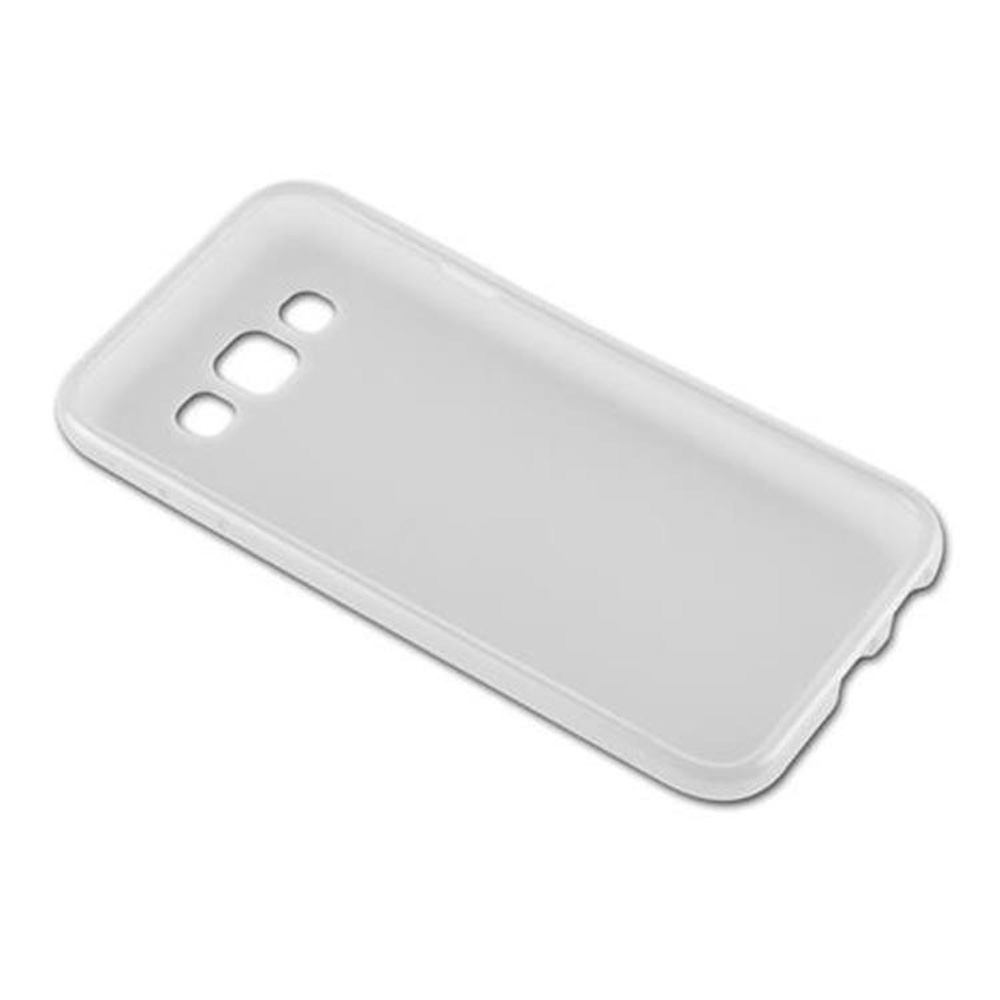 Una funda de teléfono blanca translúcida con recortes para cámara y flash.