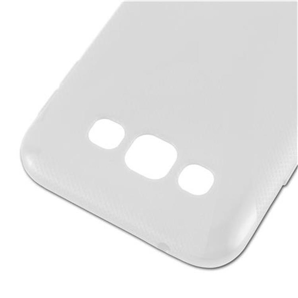 Funda blanca para teléfono con tres recortes en la parte trasera.