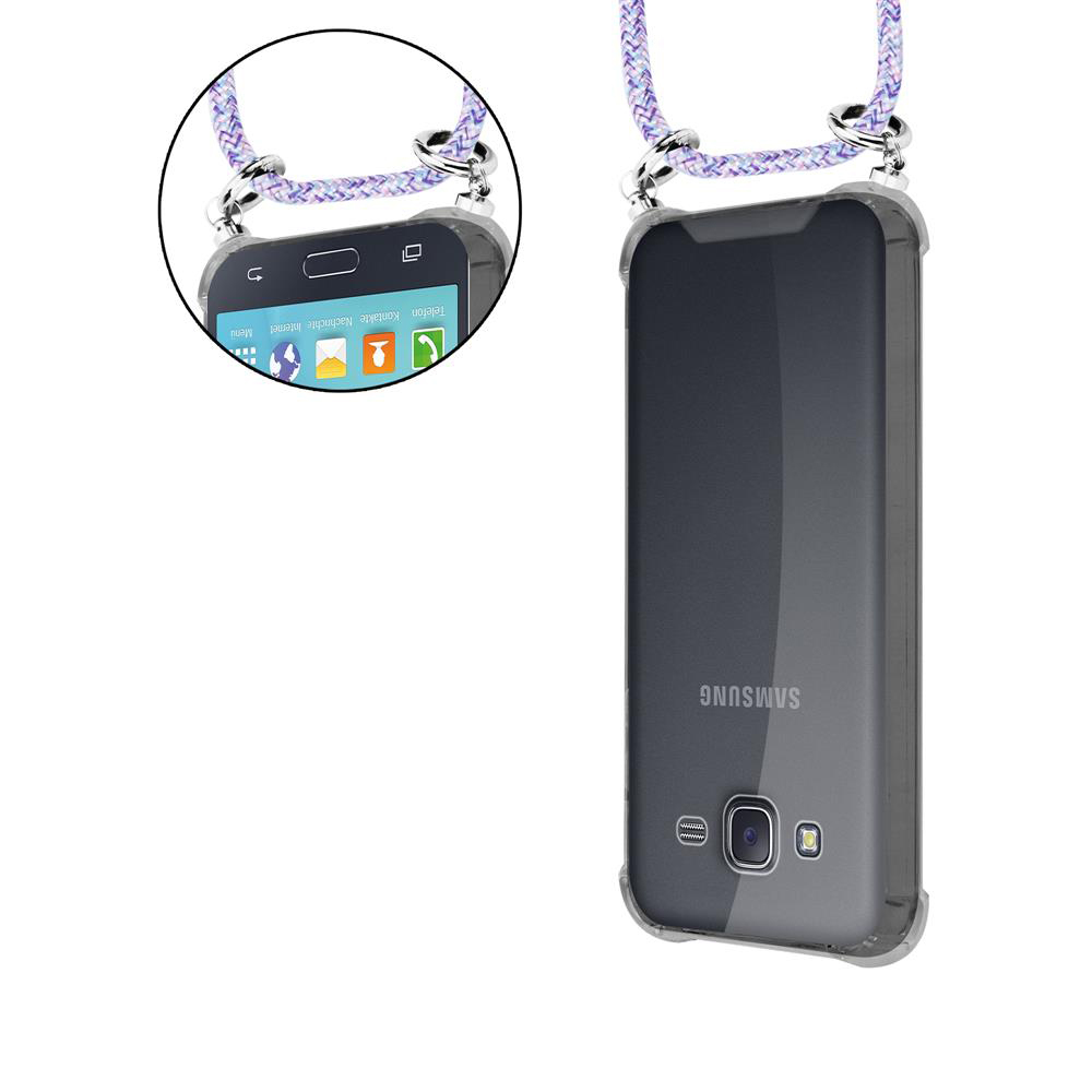 Ein Samsung-Smartphone in einer transparenten Hülle mit Trageband, Nahaufnahme des Bildschirms.