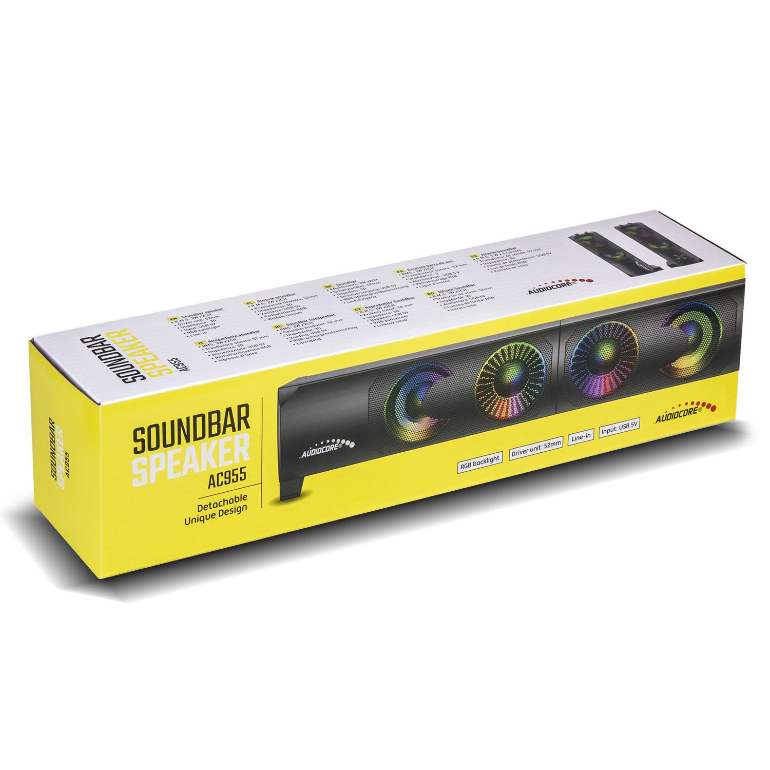 Caja de altavoz Soundbar amarilla con iluminación RGB, driver 52mm, USB 5V.