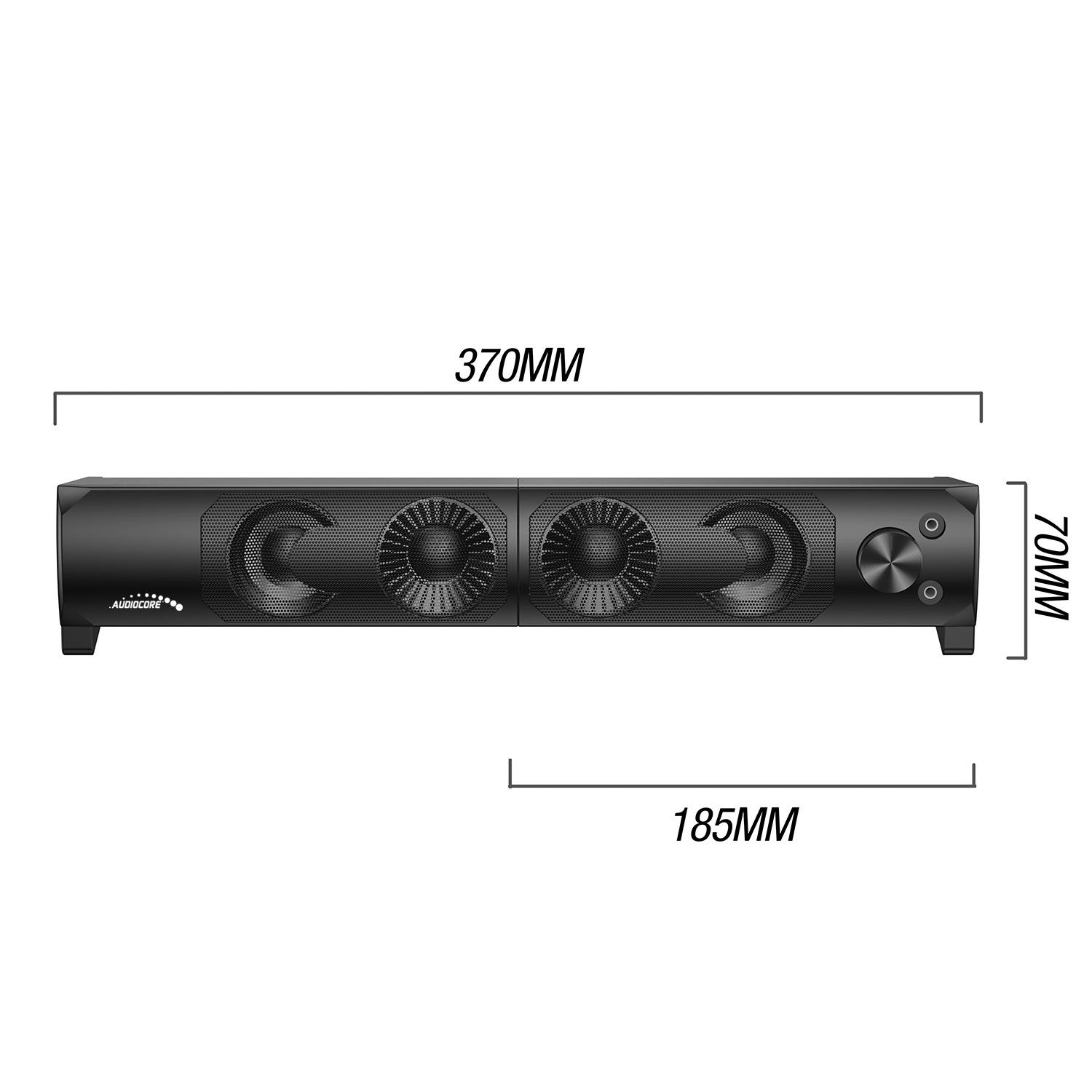 Barra de sonido negra con dos rejillas de ventilador. Dimensiones 370x70mm.