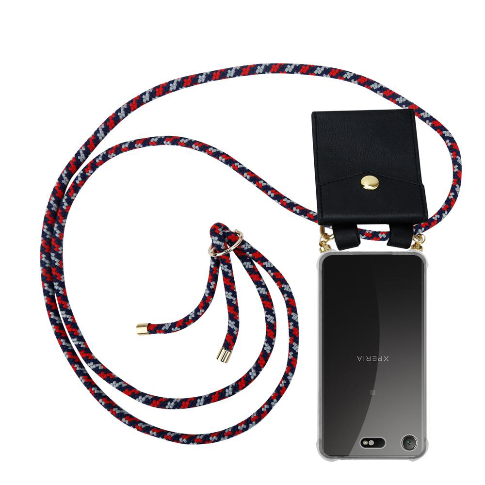 Ein Smartphone mit einer schwarzen Hülle und einem bunten Band, das um den Hals getragen wird.