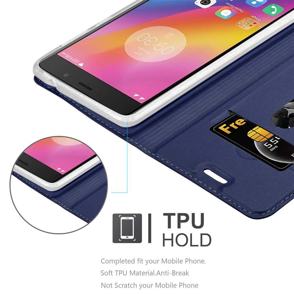 Custodia per telefono blu stile libro con slot per carte e telefono all'interno.