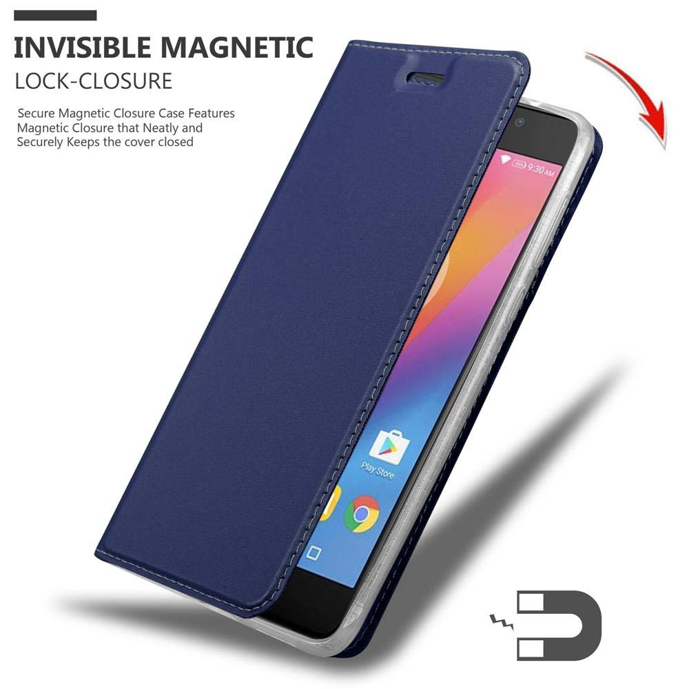 Una custodia per telefono blu scuro con chiusura magnetica è parzialmente aperta.