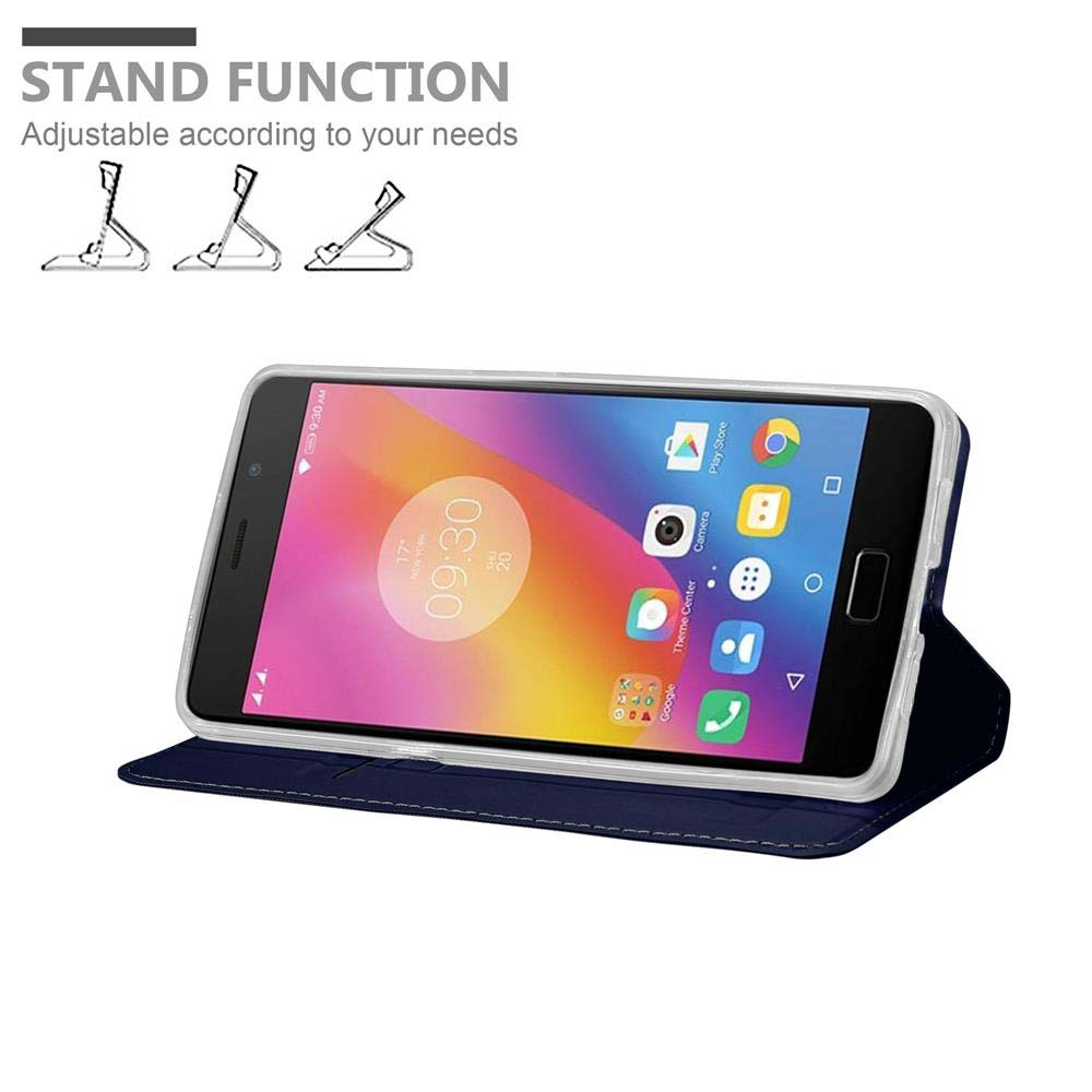 Una custodia blu scuro per telefono è in piedi. Tre supporti sono mostrati in alto.