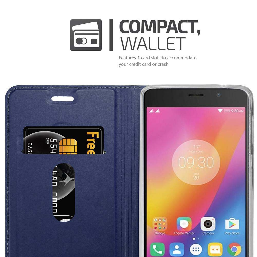 Custodia blu per telefono con slot per carte e uno smartphone che mostra l'ora.