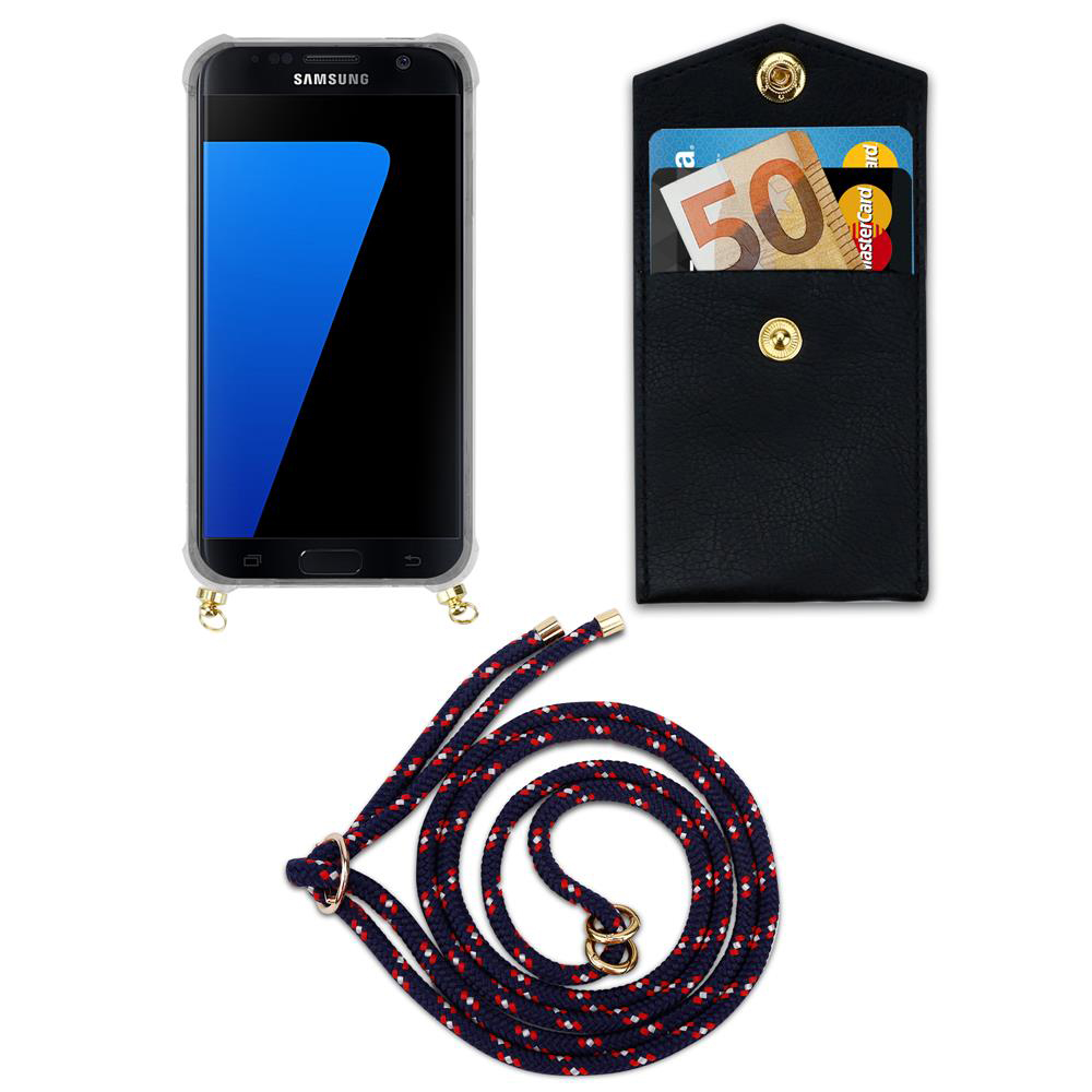 Un portafoglio nero con carte e soldi, accanto a uno smartphone e un cordino.