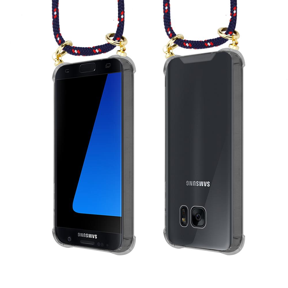Vista frontale e posteriore di un telefono Samsung nero con cordino.