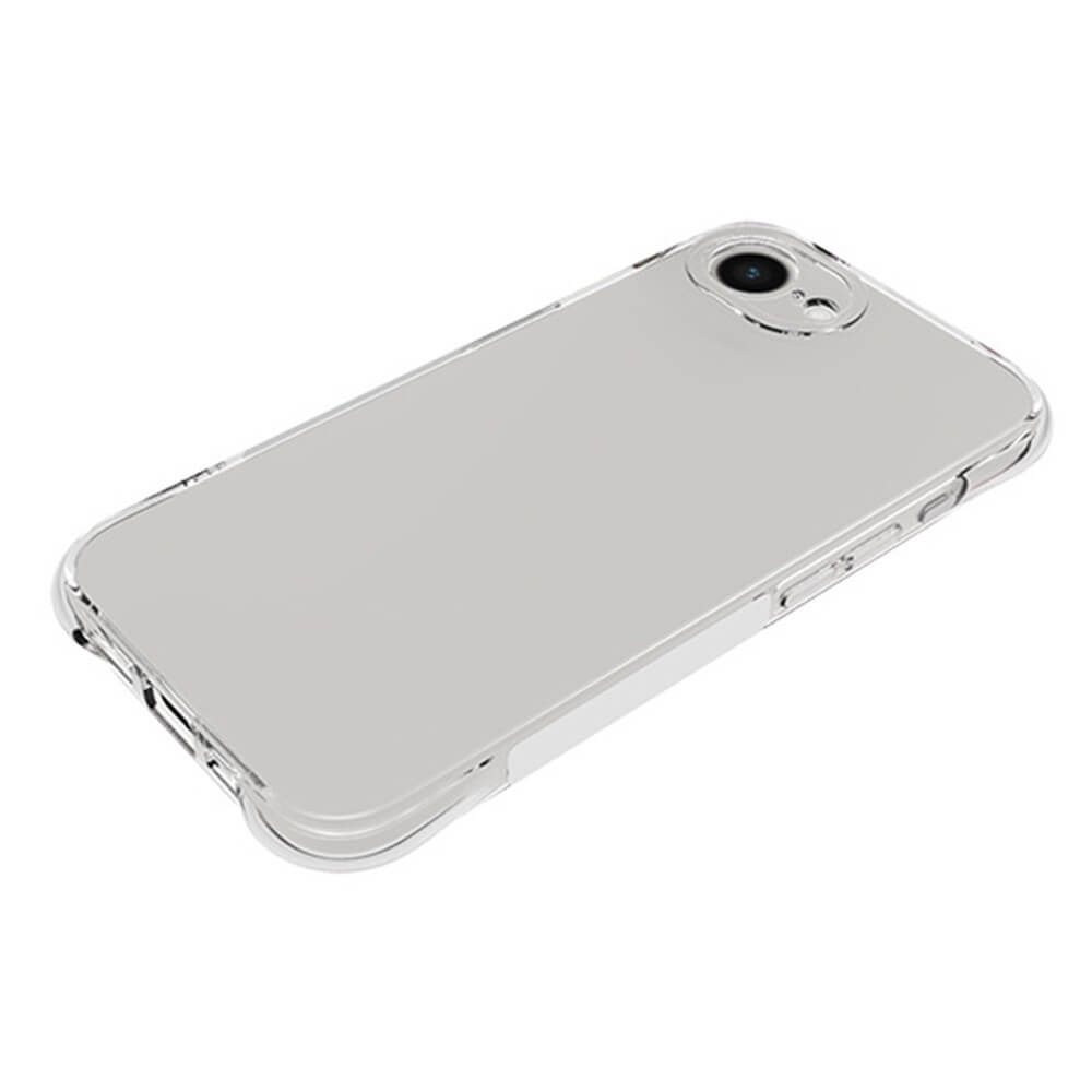 Una cover trasparente per telefono con bordo argentato e ritaglio per fotocamera.