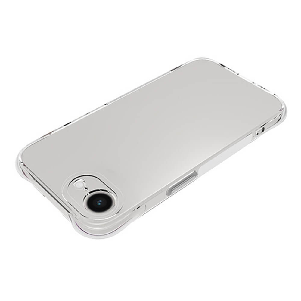 Una cover trasparente per telefono con retro a specchio e foro per fotocamera.