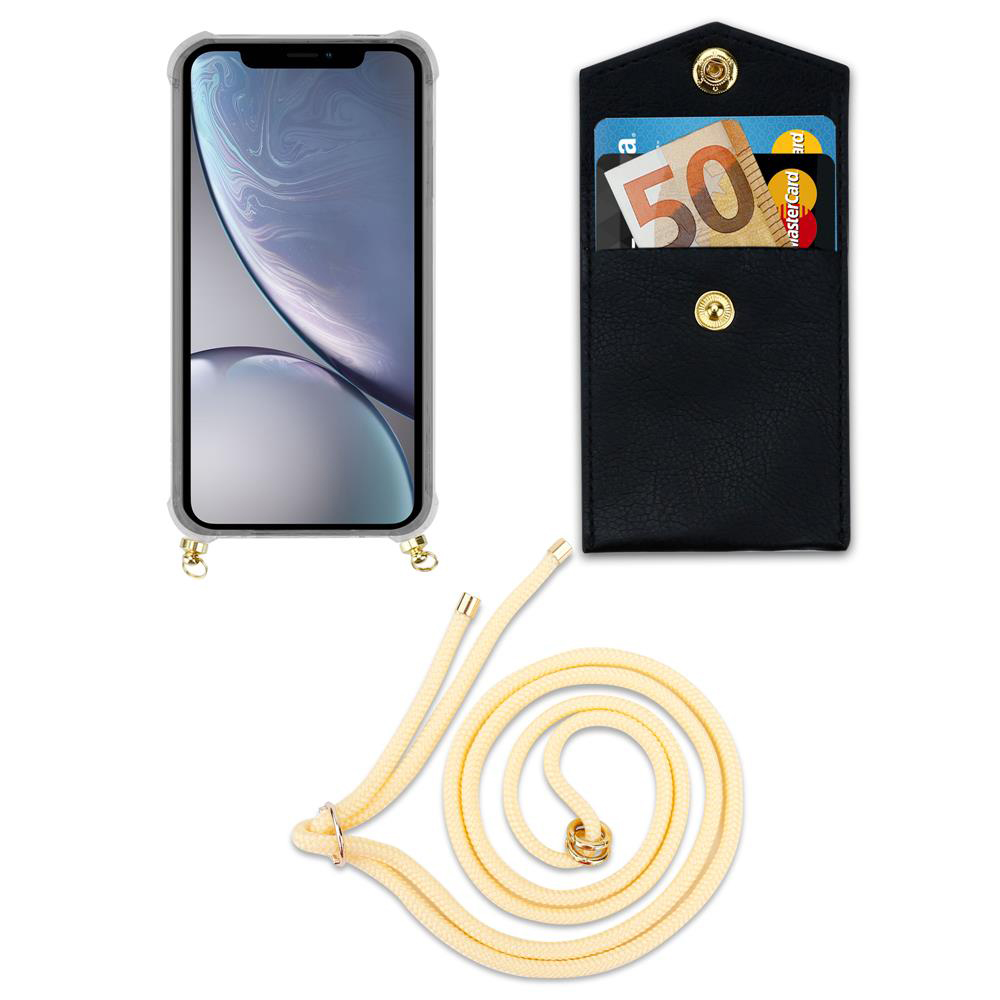 Custodia iPhone con tasca per carte/soldi e laccio.