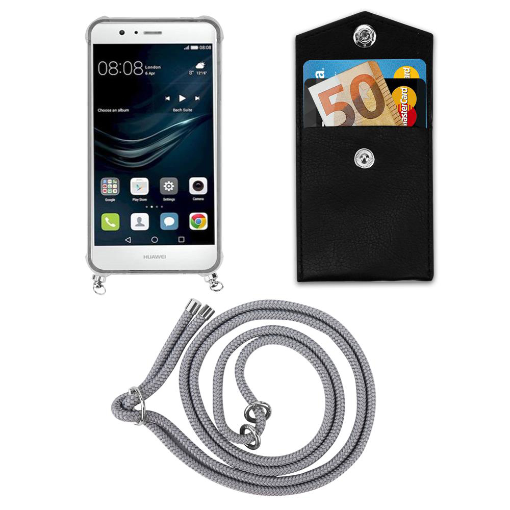 Un telefono Huawei, porta carte nero con banconota da 50 euro e cordino grigio.