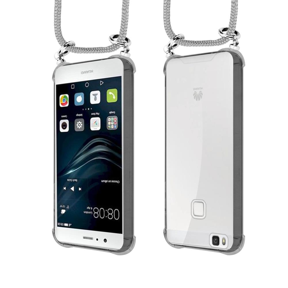 Due smartphone Huawei in custodie grigie con cordini.