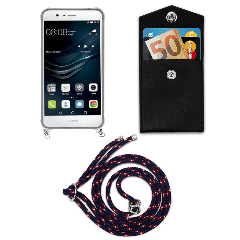 Uno smartphone, un portafoglio nero con soldi e carte, e un cordino.
