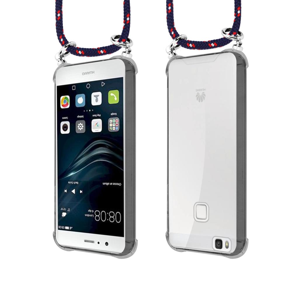 Vista frontale e posteriore di un telefono Huawei in custodia trasparente con laccetto intrecciato.