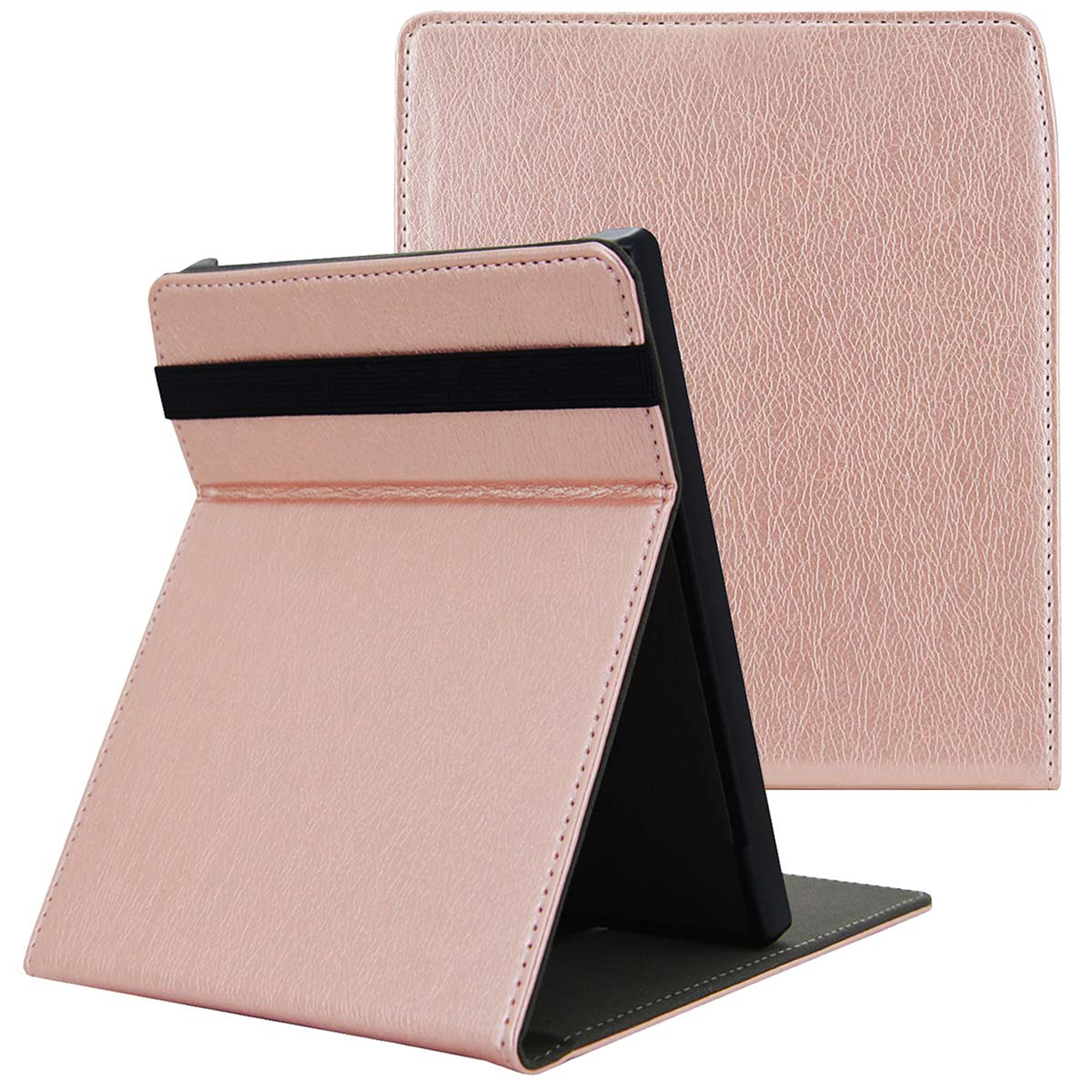 Une housse de tablette en cuir rose, debout.