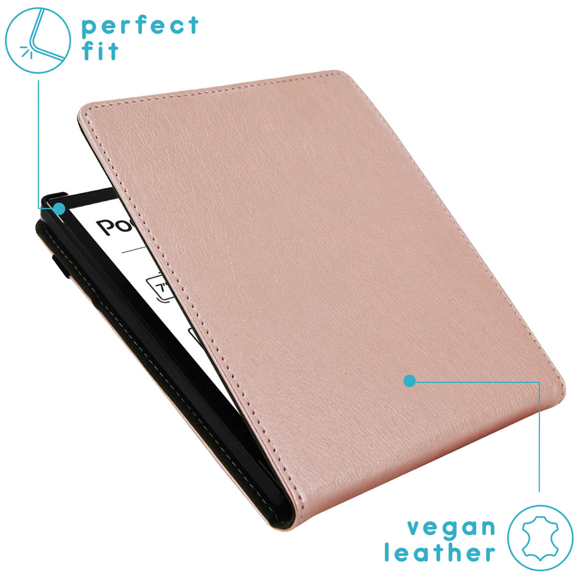 Un étui en cuir vegan rose pâle pour une liseuse. Ajustement parfait.