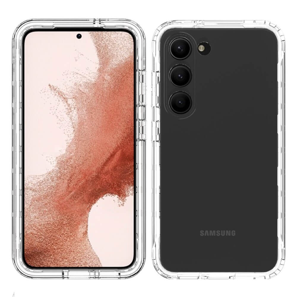 Una custodia trasparente per telefono con un telefono nero all'interno.