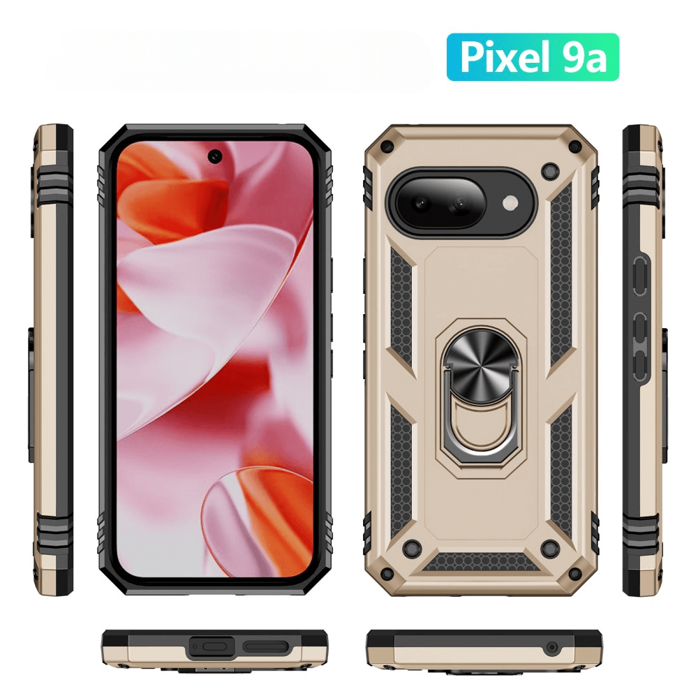 Custodia dorata per Pixel 9a con anello porta-dita e angoli rinforzati.