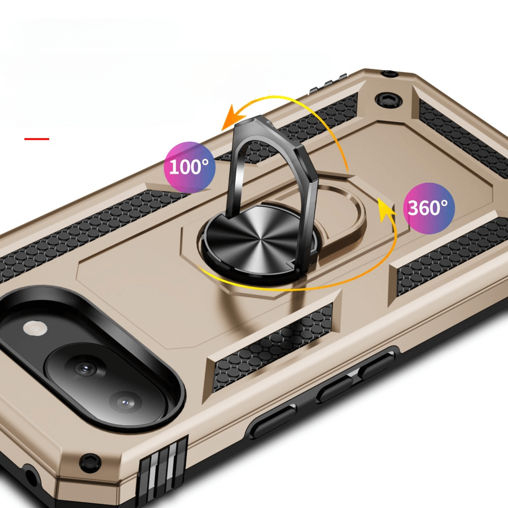 Cover dorata per telefono con anello porta-dita, mostra 100° e 360°.