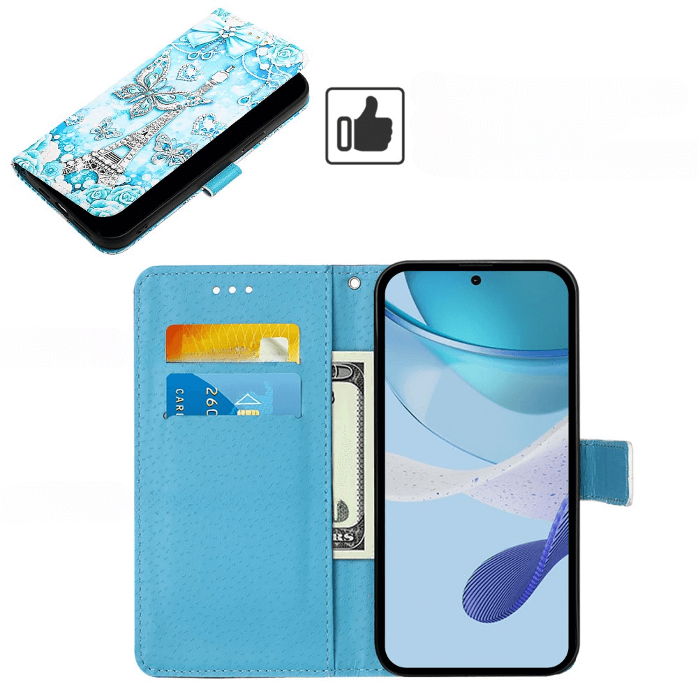 Un étui portefeuille bleu pour téléphone avec fentes pour cartes et poche à billets.