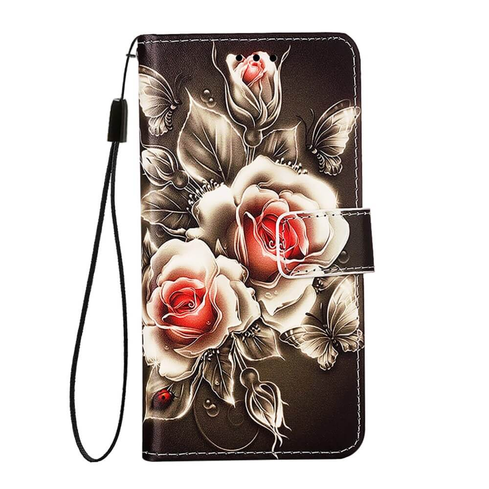 Custodia per telefono marrone con rose e farfalle, con laccetto.