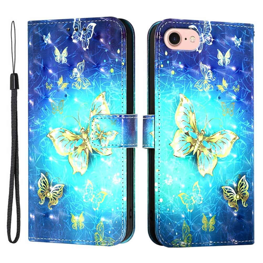 Custodia a flip blu per telefono con farfalle dorate e luci.