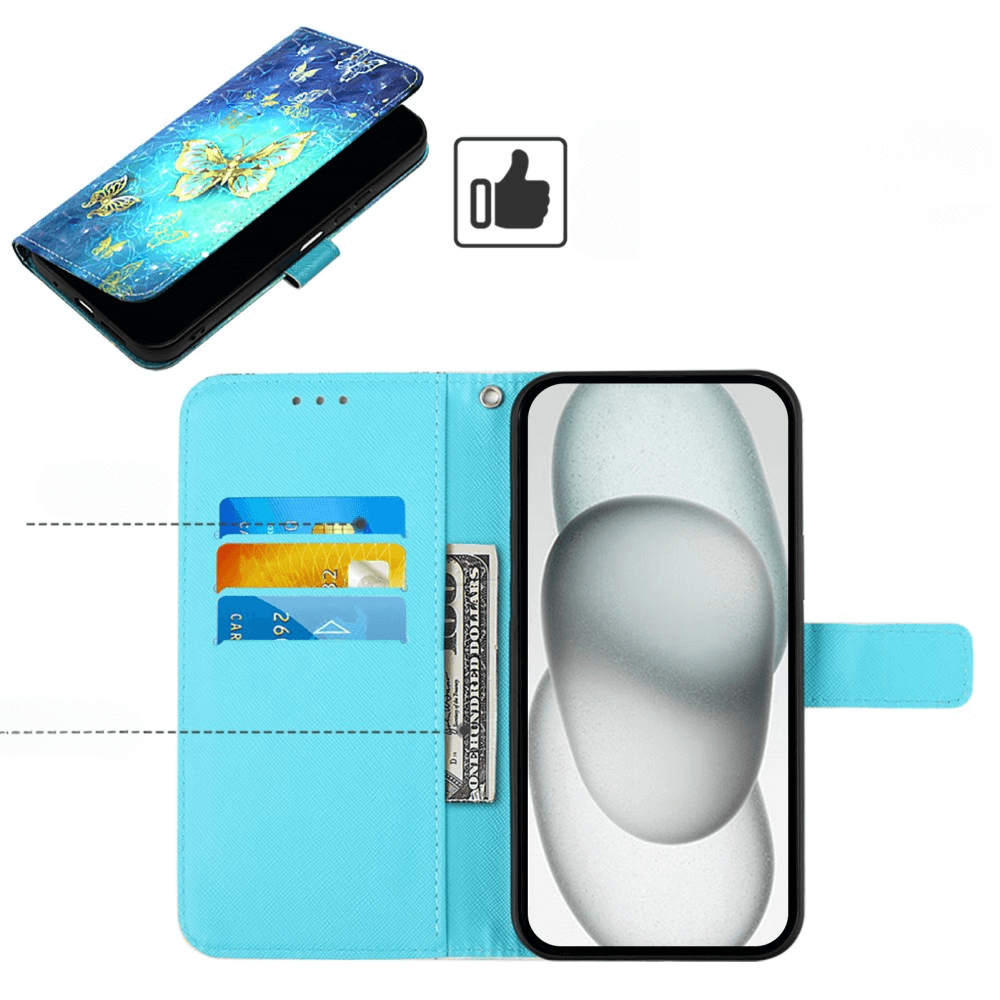 Una custodia a libro blu chiaro con farfalle e slot per carte.