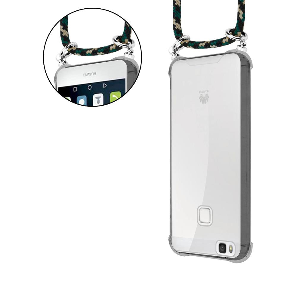Uno smartphone in una custodia trasparente con un laccetto colorato.