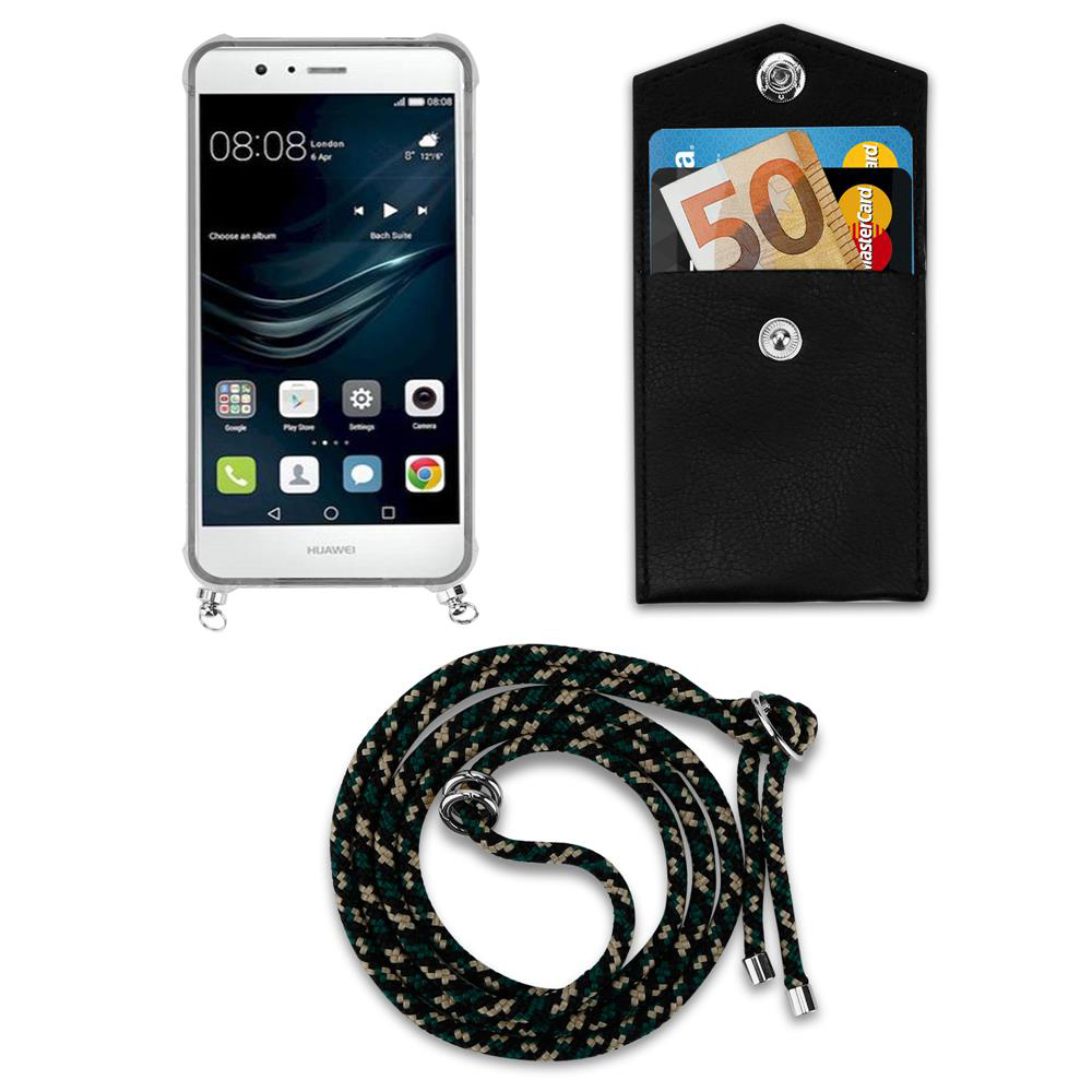 Un telefono Huawei, un porta carte nero con contanti e carte, e un cordino fantasia.