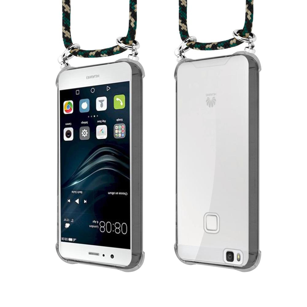 Vista frontale e posteriore di un telefono Huawei in custodia trasparente con laccetto.