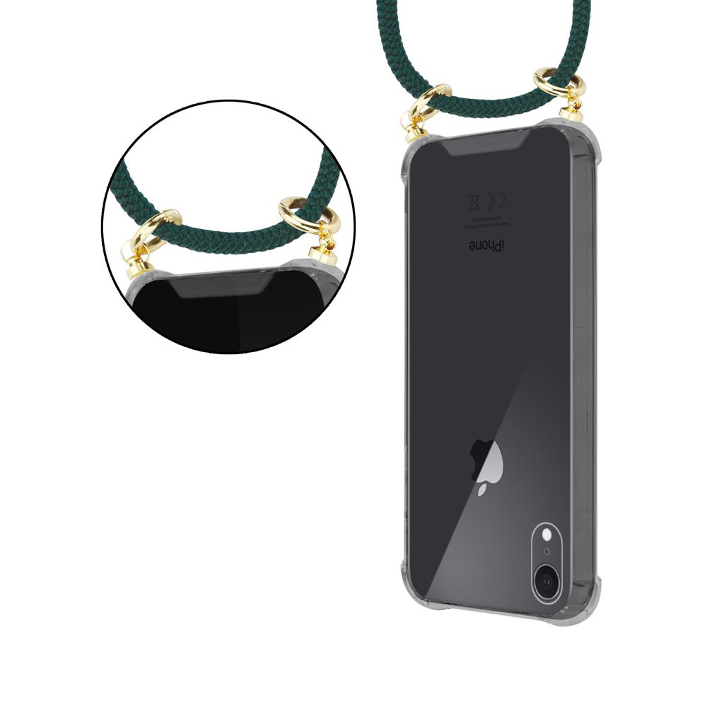 Una custodia trasparente per telefono con cordino verde scuro e anelli dorati.
