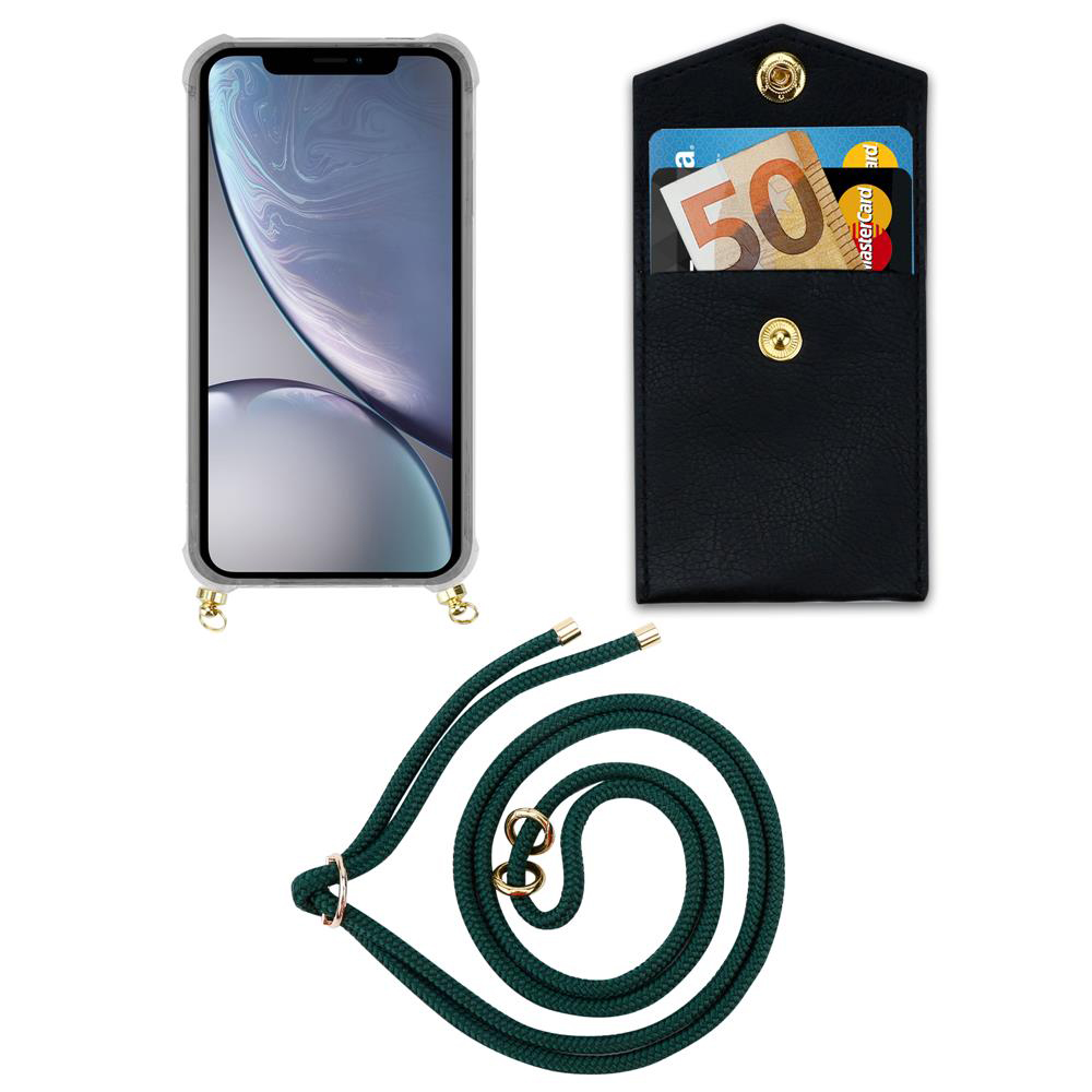 Uno smartphone in custodia, un portafoglio nero con contanti e carte, e un laccio verde.