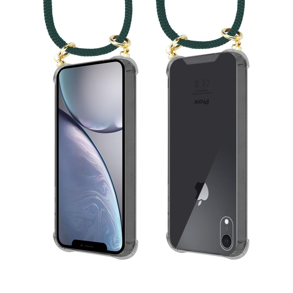 Vista frontale e posteriore di iPhone in custodia trasparente con laccetto verde scuro e hardware dorato.
