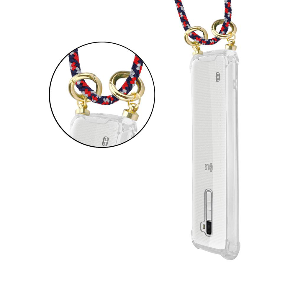 Klare Handyhülle mit geflochtenem Lanyard in Rot, Weiß und Blau.
