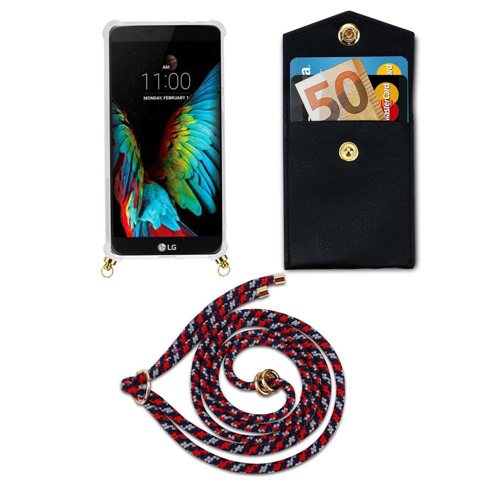 Ein Smartphone in einer Hülle, eine schwarze Tasche mit Geld und Karten, und eine Schnur.