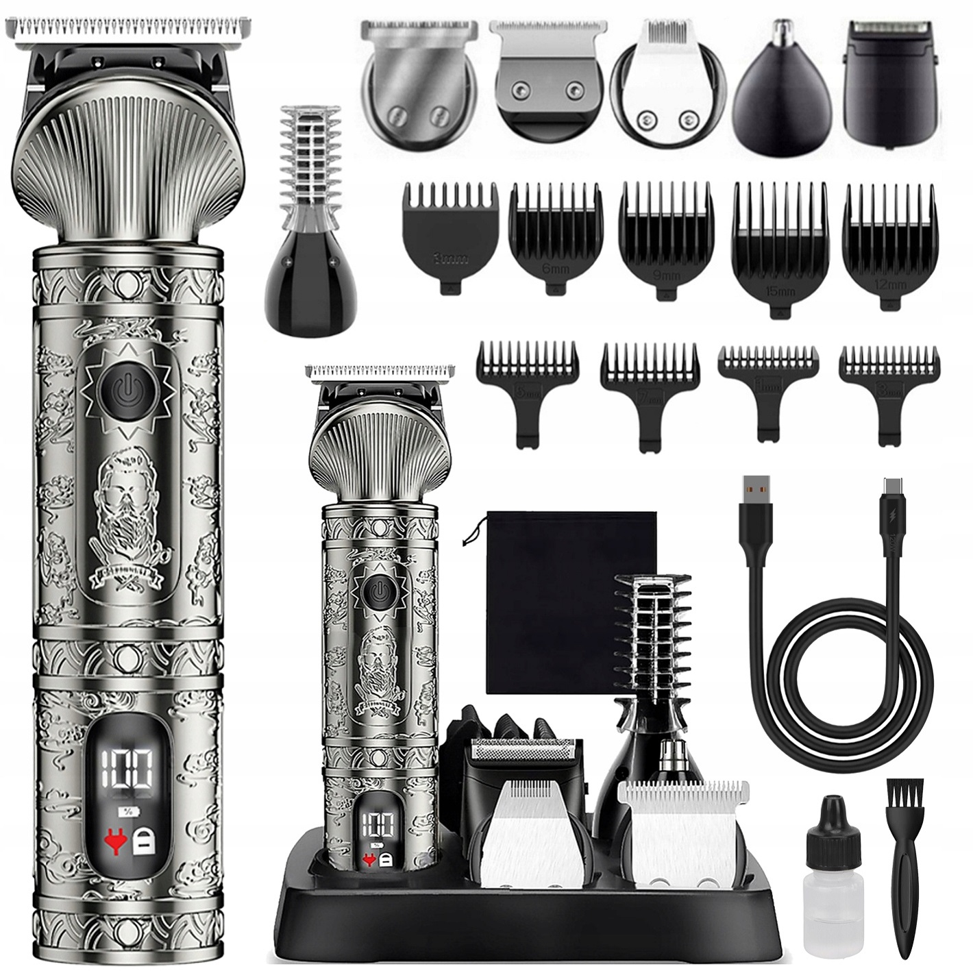 Srebrna maszynka do strzyżenia włosów z nasadkami, kablami i olejem. Szczegółowy wzór.