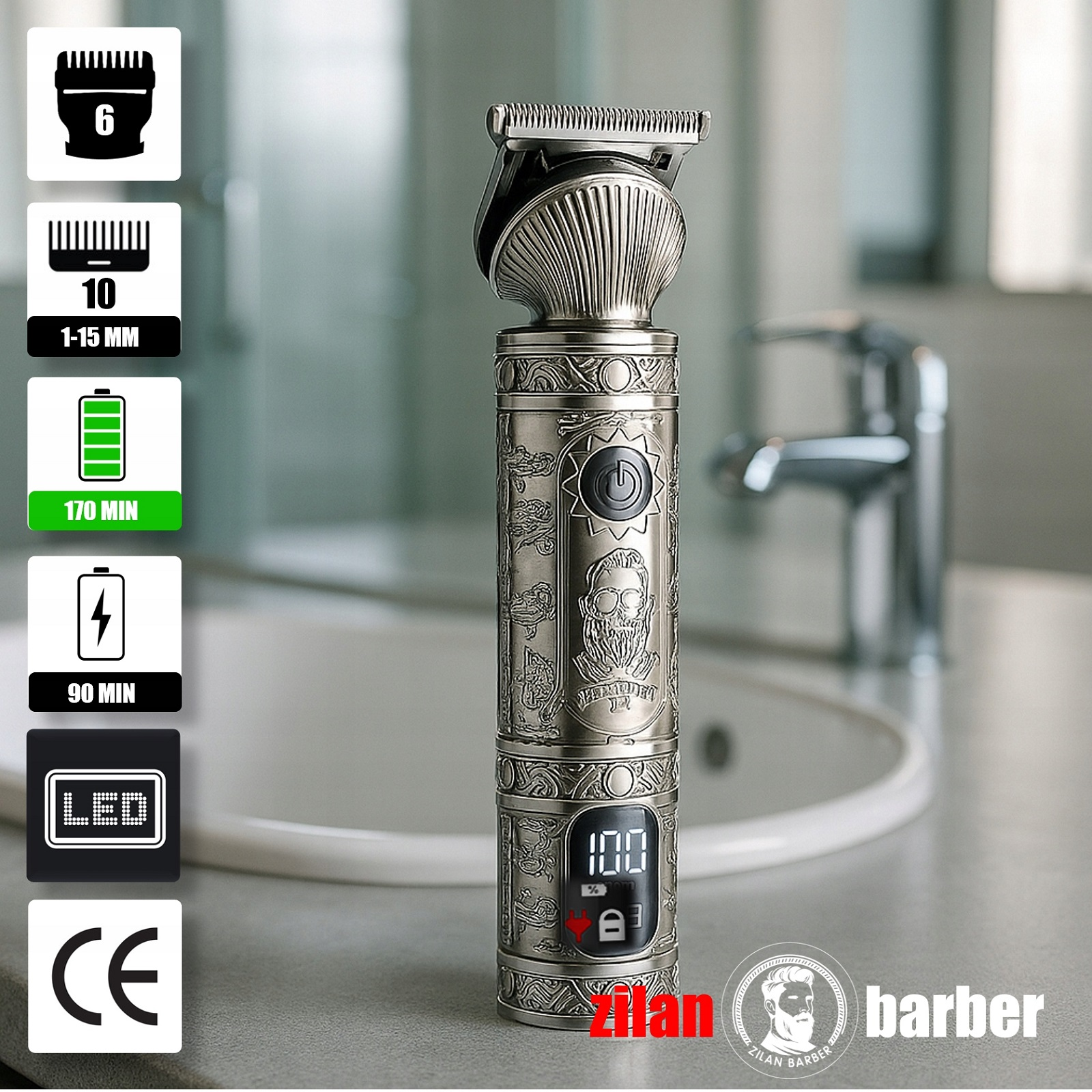 Srebrna maszynka do strzyżenia z motywem czaszki, wyświetlaczem LED.