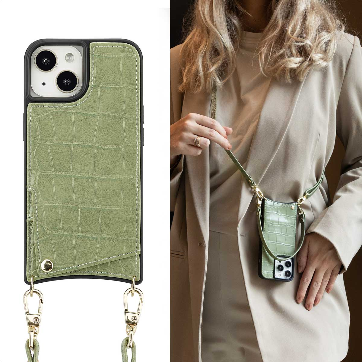 Green crocodile leather phone case with strap worn by a woman.