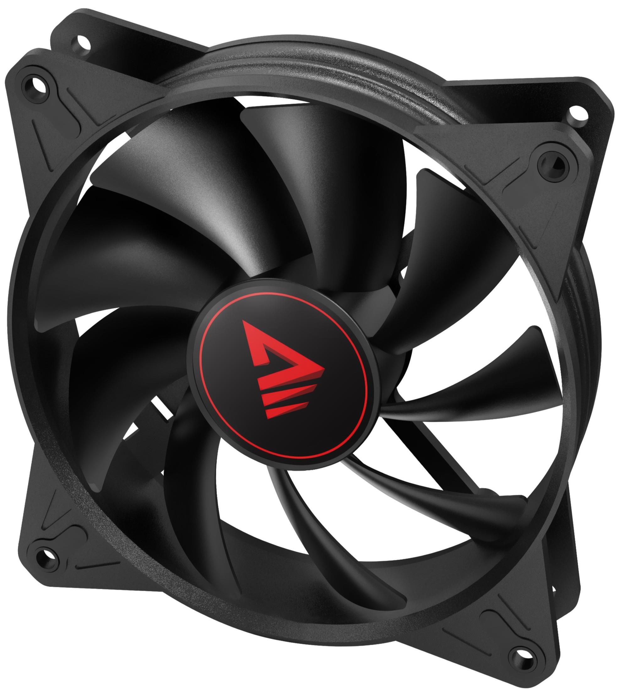 Czarny wentylator komputerowy z czerwonym logo na białym tle.