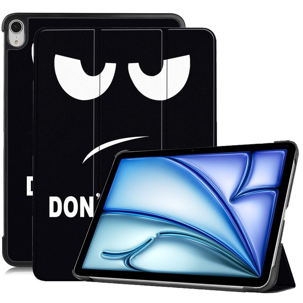 Schwarzer Tablet-Ständer mit lustigem Gesicht und geöffnetem Tablet.
