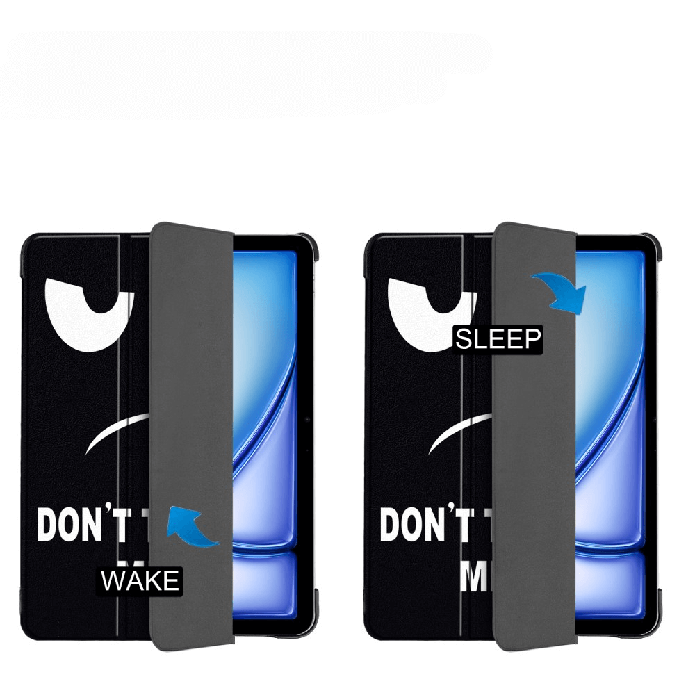 Zwei schwarze Tablet-Hüllen mit Augen und Text. Eine zeigt "DON'T WAKE", die andere "SLEEP".