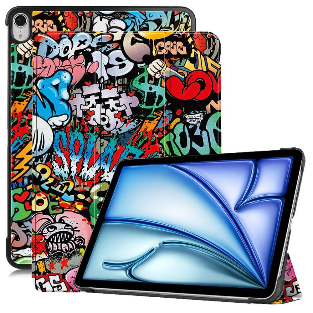 Ein Tablet mit einem bunten Graffiti-Schutzhülle, das aufgestellt ist.