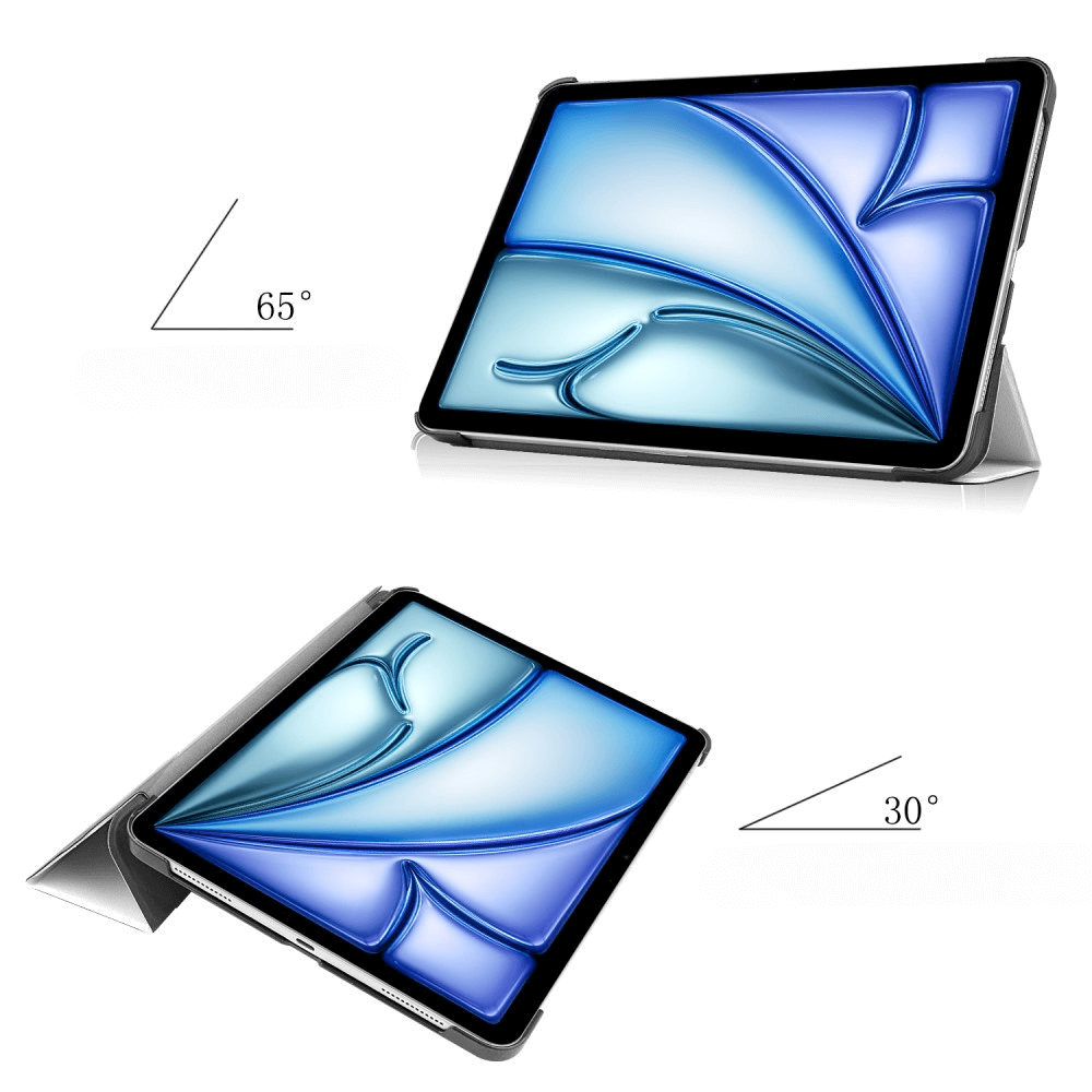 Ein Tablet mit Hülle in 65° und 30° Ansicht, mit blauem Hintergrund.