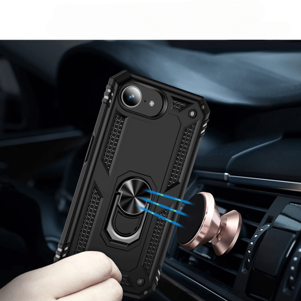 Custodia nera per telefono con anello, attaccata a un supporto magnetico per auto.
